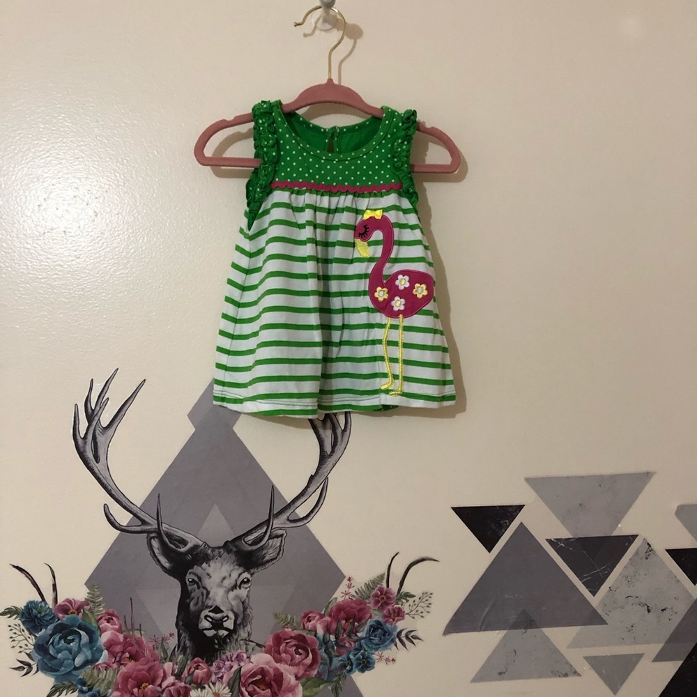 Kids Headquarters | Green dress with Pink Flamingo